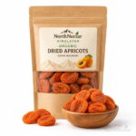 NorthNectar Himalayan Organic Dried Apricots (Sukhi Khubani) in a premium kraft pouch with naturally sun-dried apricots on a white background.