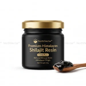 NorthNectar Premium Himalayan Shilajit Resin in a premium glass jar on a pure white background, sourced from the Himalayan region of Pakistan.
