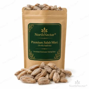 NorthNectar Premium Salab Misri (Orchis latifolia) naturally dried Himalayan herbal root on a clean white background.