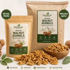 NorthNectar Premium Walnut Kernels – Himalayan export-quality walnut kernels available in retail packs and wholesale packaging.