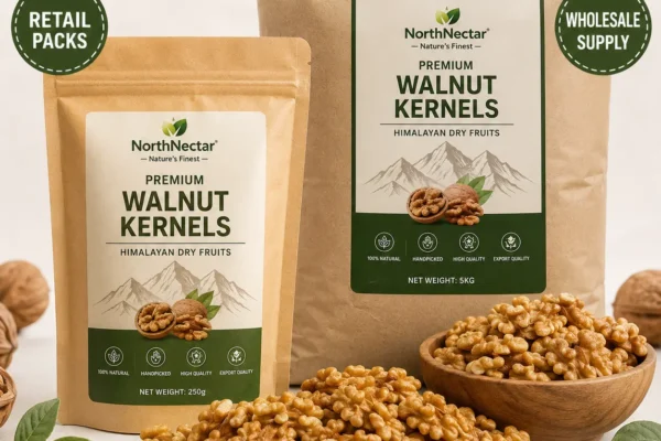 NorthNectar Premium Walnut Kernels – Himalayan export-quality walnut kernels available in retail packs and wholesale packaging.