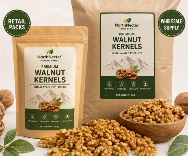 NorthNectar Premium Walnut Kernels – Himalayan export-quality walnut kernels available in retail packs and wholesale packaging.