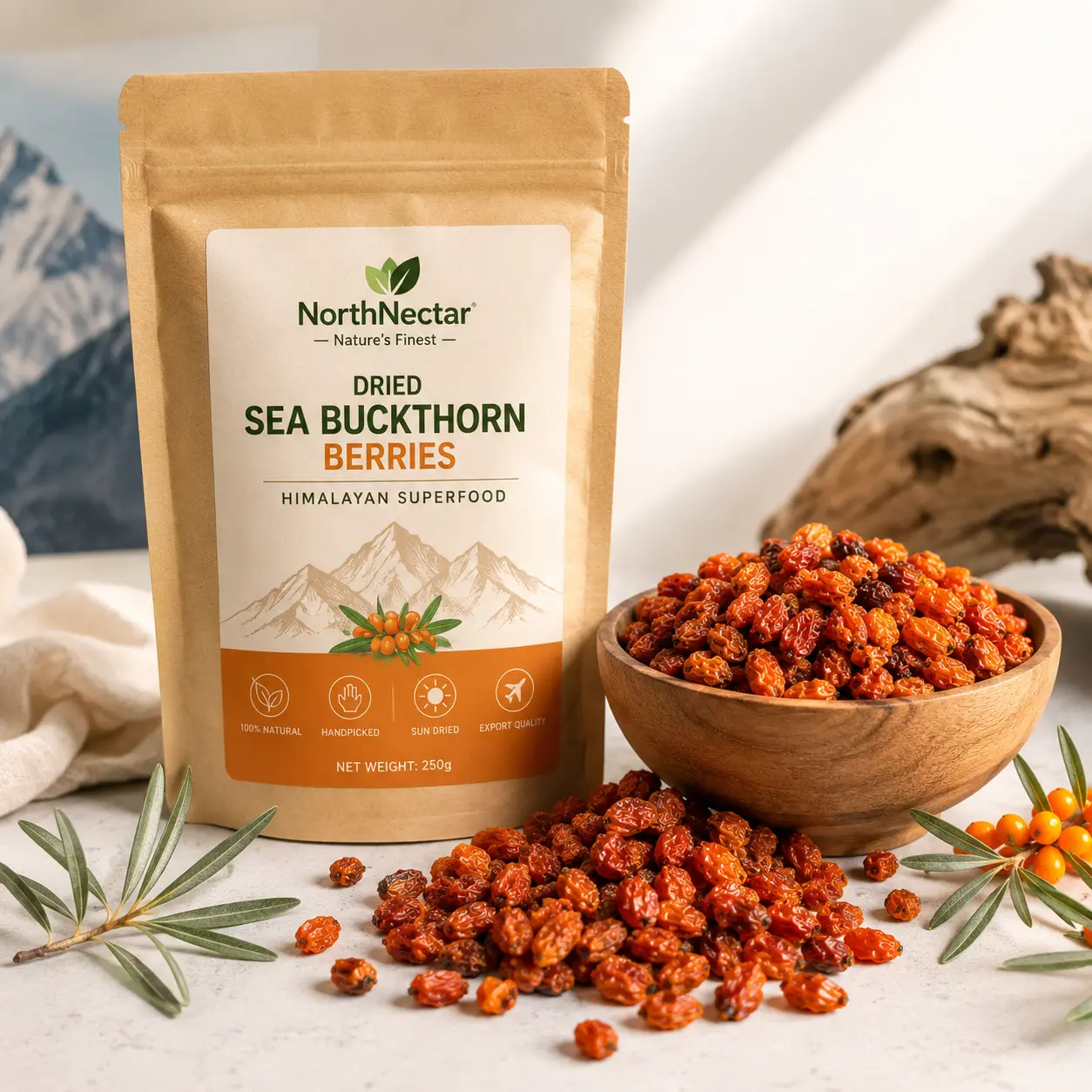NorthNectar Premium Dried Sea Buckthorn Berries from the Himalayan region of Pakistan